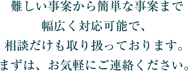 難しい事案から簡単な事案まで幅広く対応可能で、相談だけも取り扱っております。まずは、お気軽にご連絡ください。